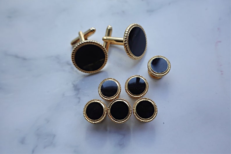 Vintage Tuxedo Cuff Links 6 Shirt Studs Set Black Onyx Gold Cufflinks Cuff Link Set Men GROOM Groomsmen Gift image 1