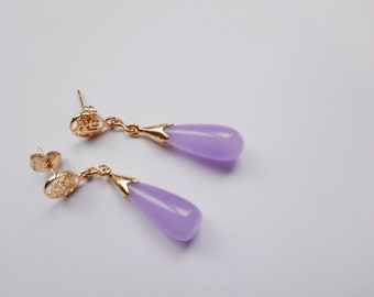 Lavender Chinese Jade Pierced Gold Filled Earrings, Jade Dangle Earrings, Vintage Asian Chinese Jade Jewelry, Gifts for Her