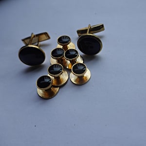 Vintage Tuxedo Cuff Links 6 Shirt Studs Set Black Onyx Gold Cufflinks Cuff Link Set Men GROOM Groomsmen Gift