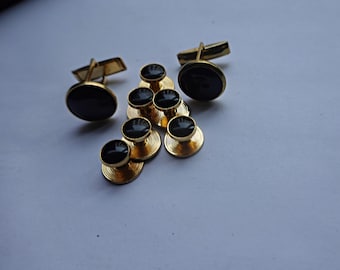 Vintage Tuxedo Cuff Links 6 Shirt Studs Set Black Onyx Gold Cufflinks Cuff Link Set Men GROOM Groomsmen Gift