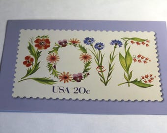 Postal vintage sin usar con diseño de amor, 2018. Tarjeta botánica de gran tamaño con flores silvestres. Ilustradora: Anna Bond.