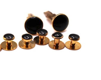 Vintage Tuxedo Cuff Links 6 Shirt Studs Set Black Onyx Gold Cufflinks Cuff Link Set Men GROOM Groomsmen Gift