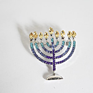 Menorah Brooch, Crystal Menorah, Lapel, Coat, Book Bag Pin Brooch,  Birthday, Wedding. Chanukah Gift, Judaica Jewelry, Bat Mitzvah Gift