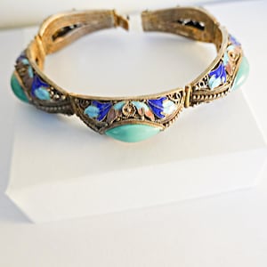 Antique Chinese Bracelet, Chinese Export Bracelet, Gold Vermeil Sterling Silver Turquoise Enamel Bracelet, Estate Chinese Asian Bracelet