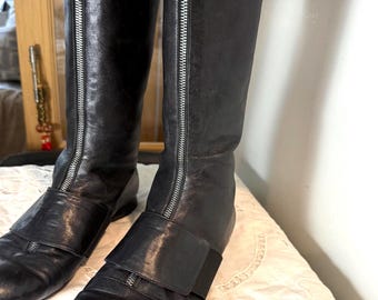 Vintage Knee High Boots Custom Made Black Leather Italy- 1990s