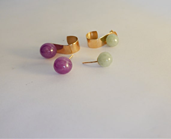 14k Yellow Gold Lavender and Green Jade Earrings,… - image 1