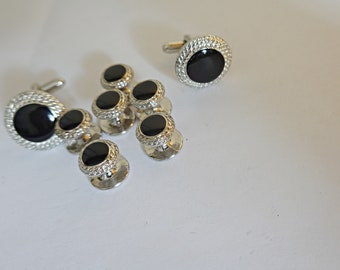 Vintage Tuxedo Cuff Links 6 Shirt Studs Set Black Onyx Silver Cufflinks Cuff Link Set Men GROOM Groomsmen Gift