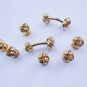 Vintage Tuxedo Cuff Links Six Shirt Studs Set, Love Knot 14 Kt Gold Plated Cufflinks Cuff Link Set, Men GROOM Gift