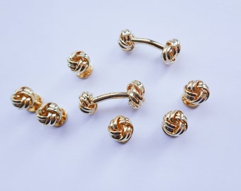 Vintage Tuxedo Cuff Links Six Shirt Studs Set, Love Knot 14 Kt Gold Plated Cufflinks Cuff Link Set, Men GROOM Gift