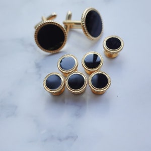 Vintage Tuxedo Cuff Links 6 Shirt Studs Set Black Onyx Gold Cufflinks Cuff Link Set Men GROOM Groomsmen Gift image 2