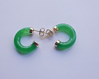 Green Jade Earrings, Jade Hoop Earrings, Gold Filled Chinese Green Jade Hoops Earrings Minimalistic Chinese Jewelry, Gemstone Hoop Earrings