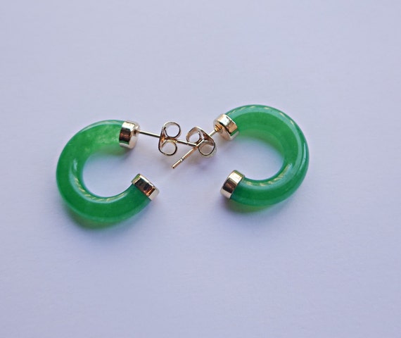 Green Jade Earrings, Jade Hoop Earrings, Gold Fil… - image 1