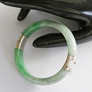 Può includere: Un braccialetto bangle in giada verde chiaro. Il braccialetto presenta dettagli in metallo argentato sulla chiusura e una cerniera. La giada è traslucida, con variazioni di colore. Un gioiello classico.