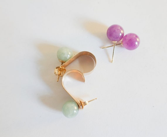 14k Yellow Gold Lavender and Green Jade Earrings,… - image 3