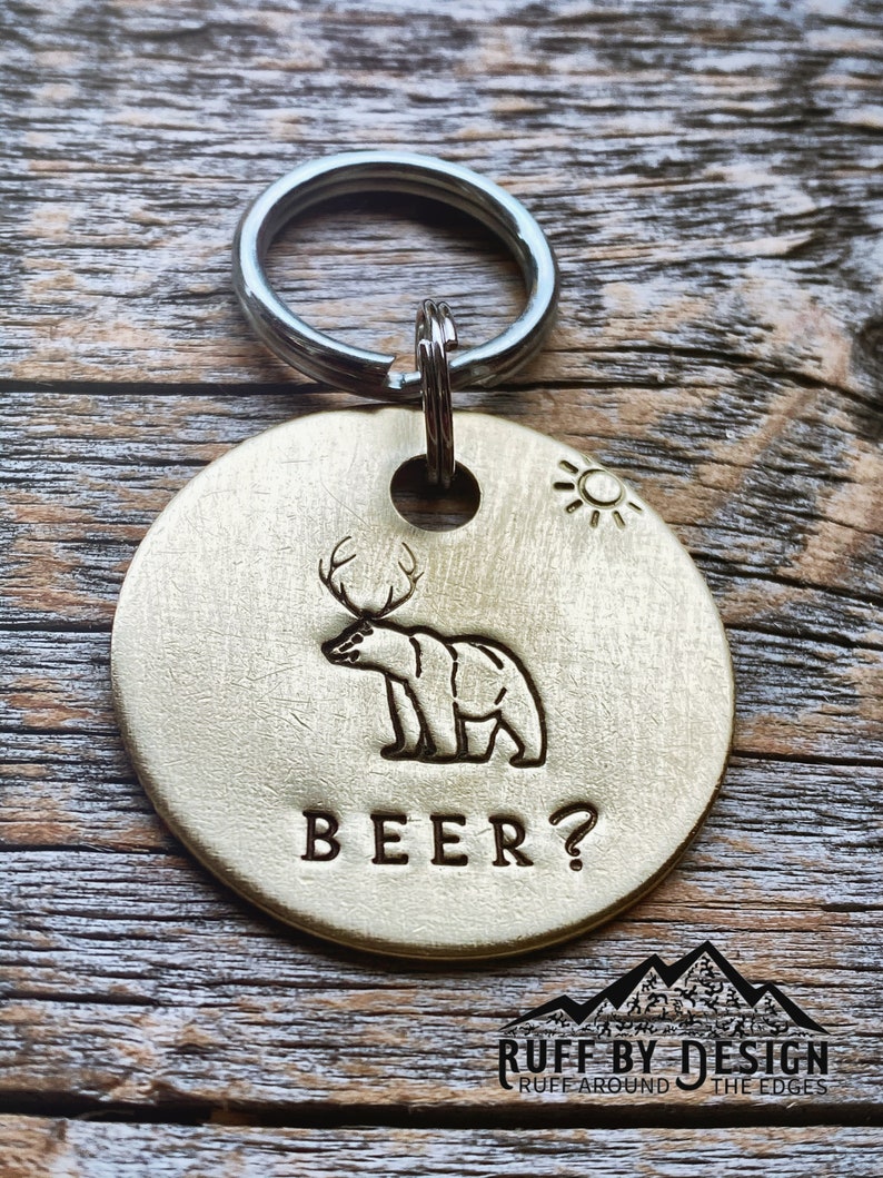 Bear Custom Hand Made Hand Stamped Naughty Novelty For Him Hunting Funny Brass Key Tag Key Chain Gift Got Beer