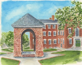 Hampden-Sydney College, campanario Watkins, impresión en acuarela