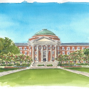May include: Watercolor painting of a brick building with a large dome on top. The building has a large set of steps leading up to the entrance. There are trees and bushes in front of the building.