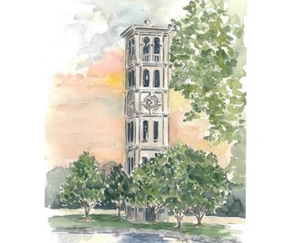 Furman University Bell Tower watercolor print