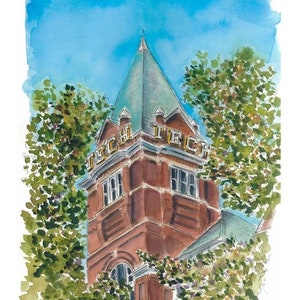 May include: A watercolor painting of a brick building with a tall, pointed roof. The building has a sign that reads "Tech ITech" in yellow letters. The building is surrounded by green trees.