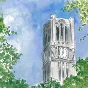 May include: A watercolor painting of a tall, gray clock tower with a clock face showing the time. The tower is surrounded by green trees and a blue sky with white clouds.