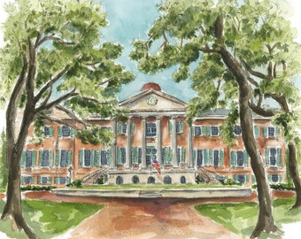 May include: Watercolor painting of a stately building with columns, a clock, and a red dome. The building is framed by green trees and a blue sky. An American flag hangs from the building. The artwork is signed in the lower right corner.