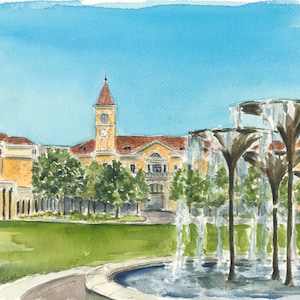 Texas Christian University, Frog Fountain watercolor print