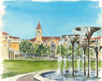 Texas Christian University, Frog Fountain watercolor print