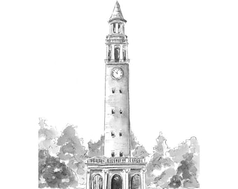 UNC Chapel Hill Bell Tower Art Print, Black and White Watercolor
