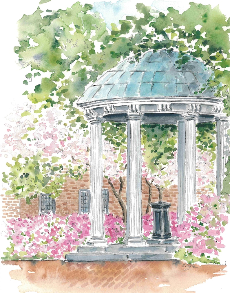 Puede incluir: Una pintura de acuarela de un cenador blanco con un techo azul rodeado de flores rosas y &aacute;rboles verdes. El cenador tiene seis columnas blancas y una base de piedra.