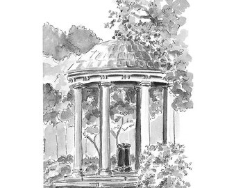The Old Well at University of North Carolina Chapel Hill, Black and white watercolor print