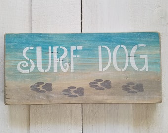 Surf Dog - dog footprint - dog lover gift - beach house sign - dog gift idea - paw print - dog - dog beach sign - aqua - surf - surfer