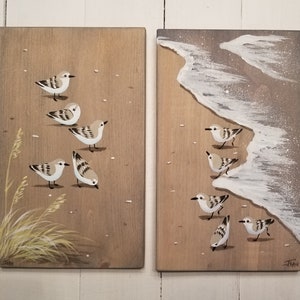 NEW SIZE Sanderling art - pair of plaques - set of two sanderling plaques - beach dune - sea grass - sandpipers - coastal decor