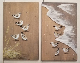 NEW SIZE Sanderling art - pair of plaques - set of two sanderling plaques - beach dune - sea grass - sandpipers - coastal decor