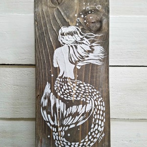 Mermaid painting - driftwood finish - white - mermaid art - 12&quot;x 7.5&quot; - painting on wood - beach house decor - rustic finish