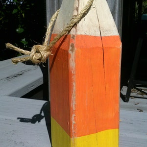 Candy corn, fall decor, halloween decor, wooden buoy, orange, yellow image 2