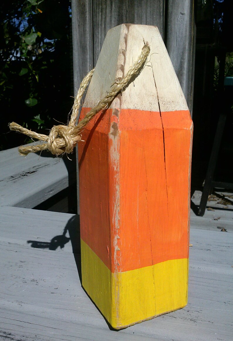 Candy corn, fall decor, halloween decor, wooden buoy, orange, yellow image 2