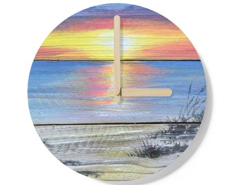 Bright sunrise painted on fence pickets - print image - on Wooden Wall Clock