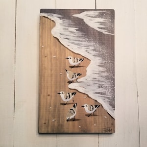 NEW SIZE Sanderling art - beach painting - beach house - plaque - sandpipers - coastal decor - vertical wall art - whitewash finish