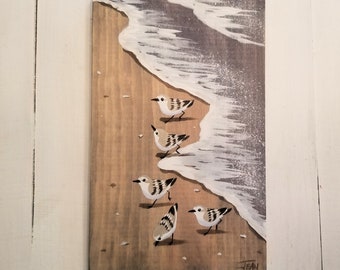 NEW SIZE Sanderling art - beach painting - beach house - plaque - sandpipers - coastal decor - vertical wall art - whitewash finish