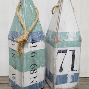 House number buoy - latitude longitude - blue and green - stripe - lobster buoy - nautical decor -  beach house decor