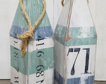 House number buoy - latitude longitude - blue and green - stripe - lobster buoy - nautical decor -  beach house decor