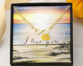 Infinity Bracelet customize with initials Sunset Art card with I love you message