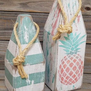Pineapple buoy pair - wooden buoys - striped - lobster buoy - nautical decor -  beach house decor - short and tall - lobster float set