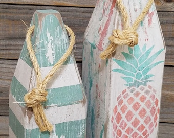 Pineapple buoy pair - wooden buoys - striped - lobster buoy - nautical decor -  beach house decor - short and tall - lobster float set