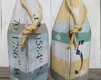 House number buoy - latitude longitude - pair of wooden buoys - stripe - lobster buoy - nautical decor -  beach house decor - custom order