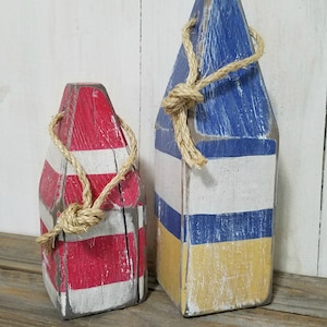Decorative buoy pair - wooden buoys - striped - lobster buoy - nautical decor -  beach house decor - short and tall - lobster float set