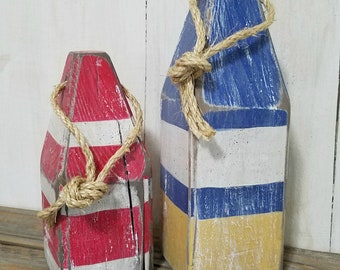 Decorative buoy pair - wooden buoys - striped - lobster buoy - nautical decor -  beach house decor - short and tall - lobster float set