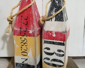 House number buoy - latitude longitude - pair of wooden buoys - classic nautical colors - lobster buoy - nautical decor -  custom order