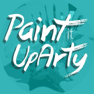 May include: White text on a teal background reads "Paint it Up Party". The text is stylized with brushstrokes and is surrounded by a blurry image of paintbrushes.