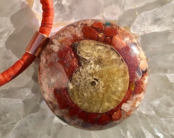 Orgonite® Pendant (Large - 2 inches) - Sunstone/Red Jasper/Ammonite - FREE WORLDWIDE SHIPPING!